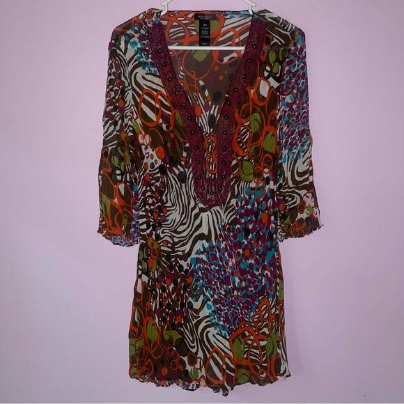 Bisou Bisou M Tunic Top Gauzy Chiffon Half Sleeve V Neck Sheer Multicolor - Picture 1 of 8
